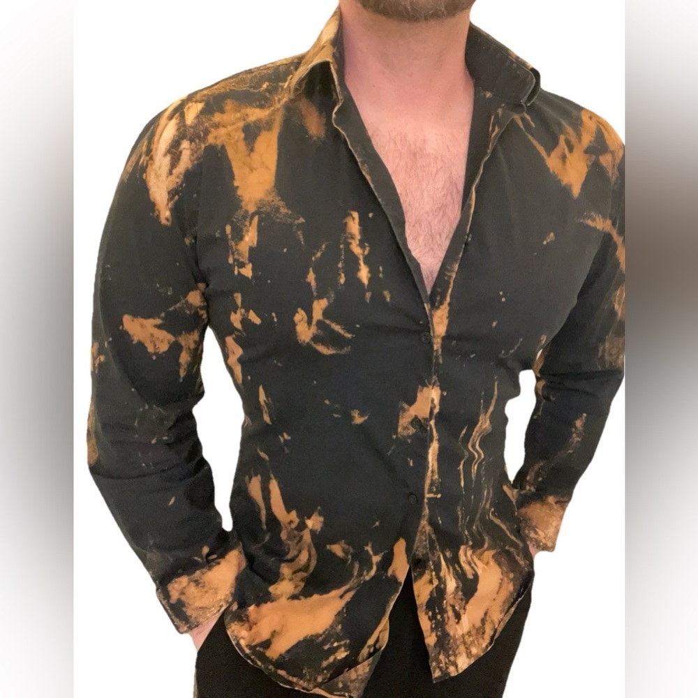 Express Dress Shirt Men Fitted Black Bleach Dye Custom Unique Medium Gothcore